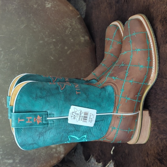 TIN HAUL "Barb'd Wire" turquoise & brown leather square toe cowgirl boot… - Picture 7 of 16